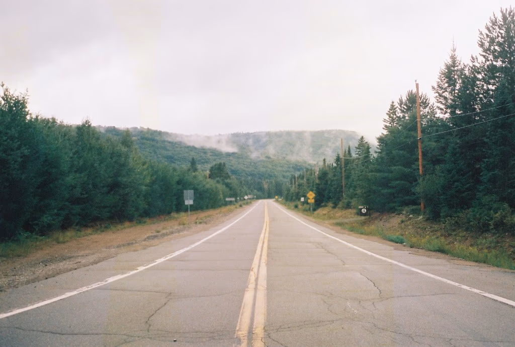 Route Infinie, national road between boreal forests in Bas-Saint-Laurent, Kodak Portra 400